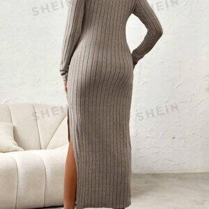 SHEIN Maternity Solid Simple Daily Round Neck Long Sleeve Slit Dress